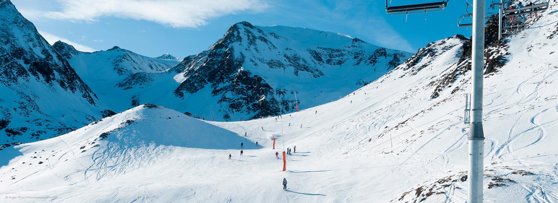 Overview from chair lift of ski terrain at Peyragudes