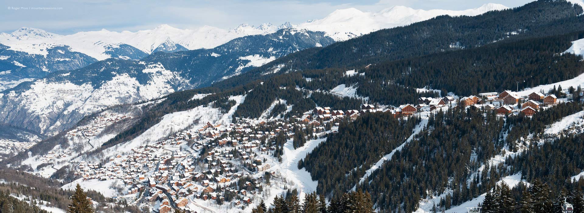 View from mountainside of Meribel ski village, in the French Alps.