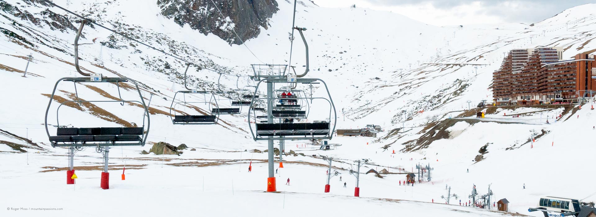 View from chairlift of ski area at La Mongie