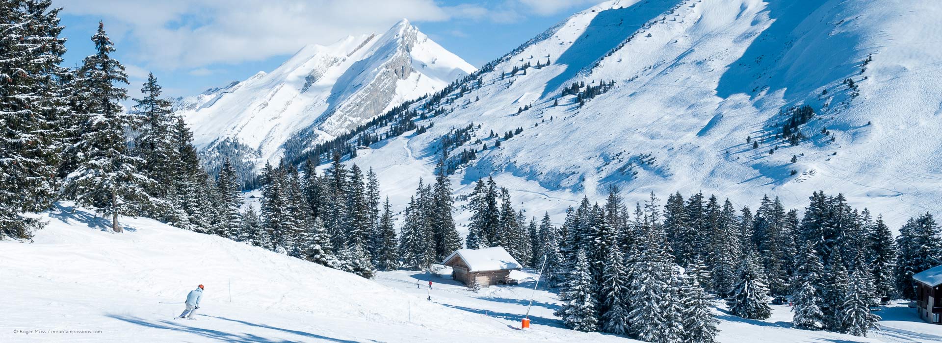 Skier on tree-lined wide piste with big mountain view near the Col de Merdassier.