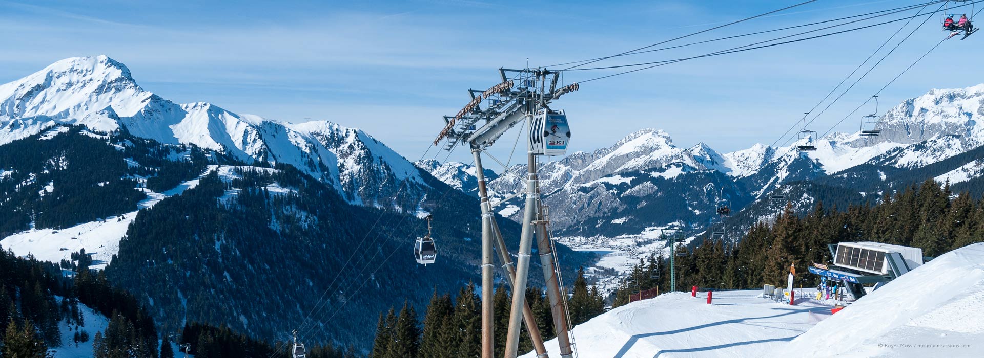 Gondola lift and ski area and valley at Chatel.