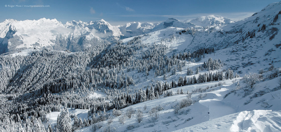 Wide view of mountains, forests and ski pistes with fresh snow above Samoens, French Alps
