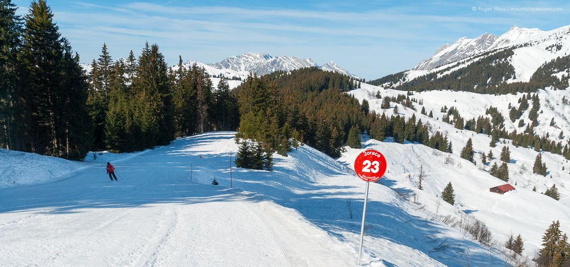 Wide view of skier on tree-lined piste at Combloux