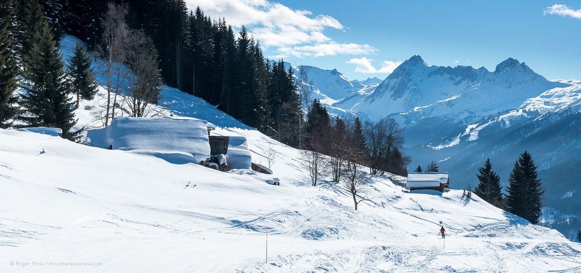 Lone skier on mountainside passing timber chalets and pine trees at Les Houches.