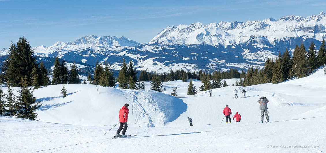 Skiers on wide piste at Les Houches, French Alps