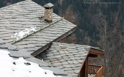 Overview of lauze stone roof of mountain chalet