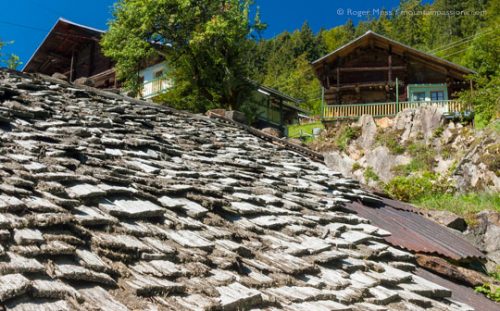 View across tavaillon roof of traditional alpine chalet