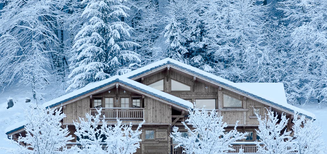 Facacde of Alpine-style mountain chalet with snow-covered forest
