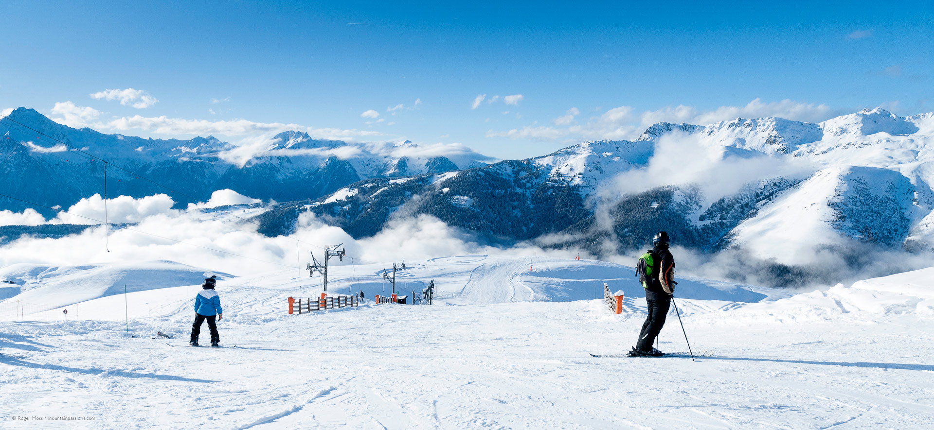 wide view of skiers looking at high mountain views