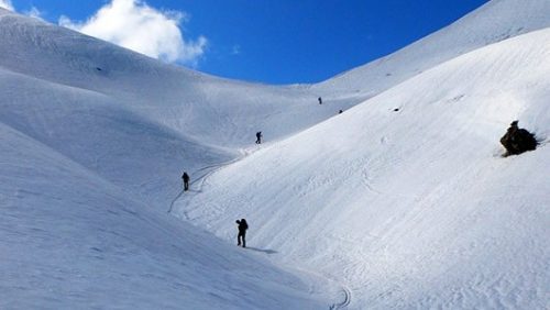 Ski touring, group climbing upwards on snow