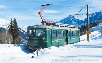 Mont-Blanc Tramway car on snow-covered mountainside at Les Houches