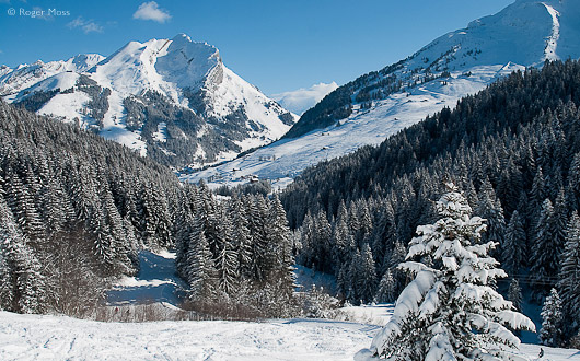 A fresh dusting of overnight snow extends all the way to the valley floor from the distant summits of the Etale Massif and its neighbour L'Aiguille.