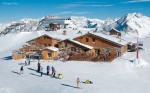 Skiers and chalets, Les Menuires, Three Valleys, French Alps