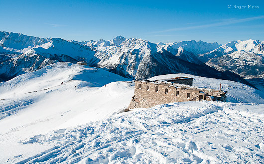 The remains of a high-altitude Ligne Maginot border fort look even more melancholy amid a snowy landscape.