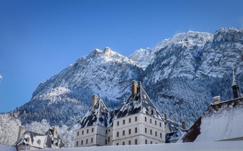 Monastery of the Grande Chartreuse, rooftops against the mountainsides of the Massif de la Chartreuse.