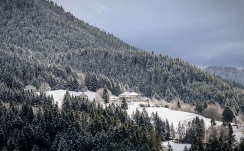 Distant view of the Auberge de Sarcenas in a mountainside forest clearing.