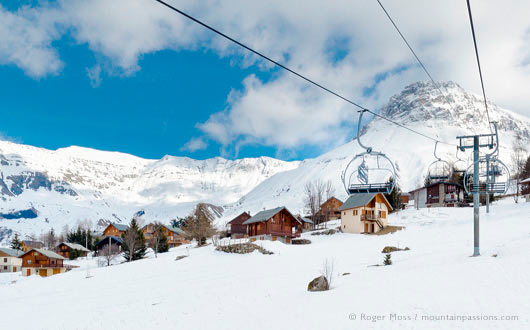 View from chair-lift of mountain chalets