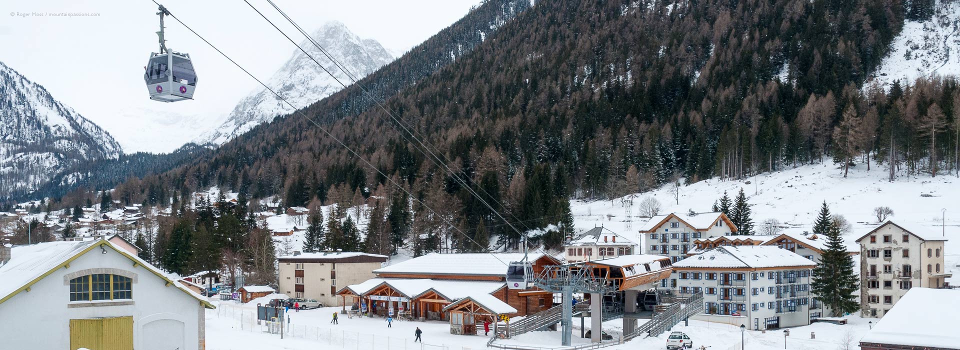 Wide view of Vallorcine, showing gondola ski lift and valley