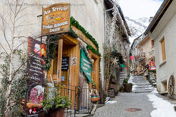 View of narrow street in heart of Venosc mountain village