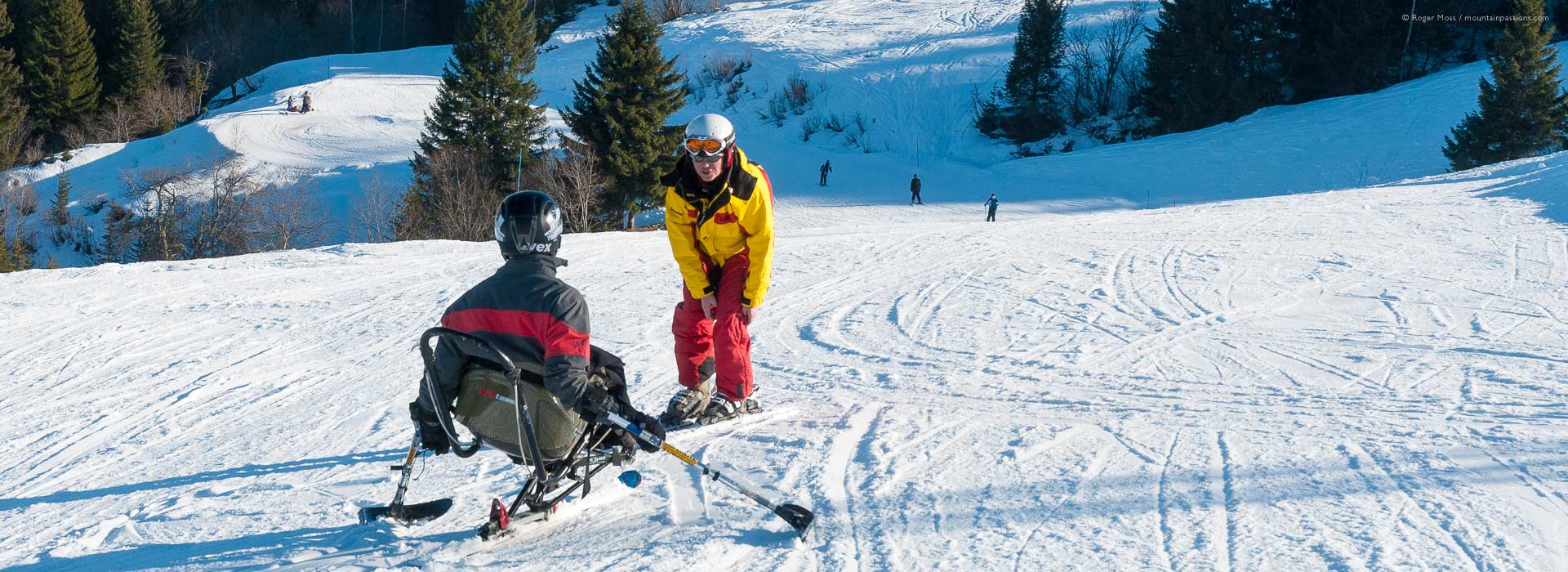 Disability skiing instruction on piste at Les Gets