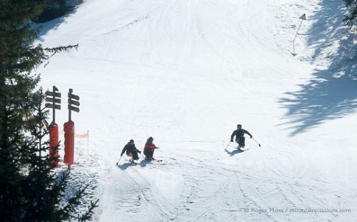 Skiing with a disability, sit-skis at Combloux, French Alps