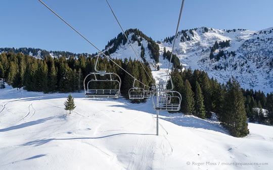 Skier's view from chairlift between Sommand and Praz de Lys, French Alps.