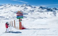 Skiers beside piste-signs at Val d'Isere, Espace Killy
