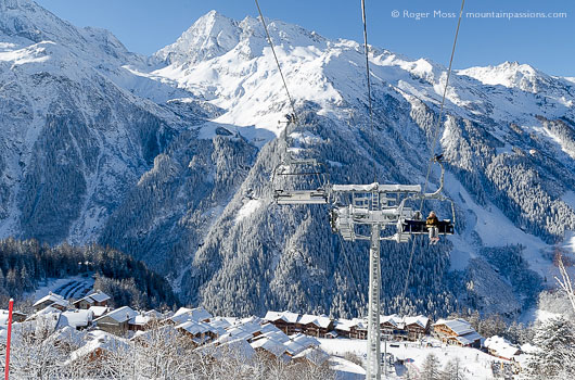Overview of Sainte-Foy Tarentaise ski village from chairlift, Savoie, French Alps.