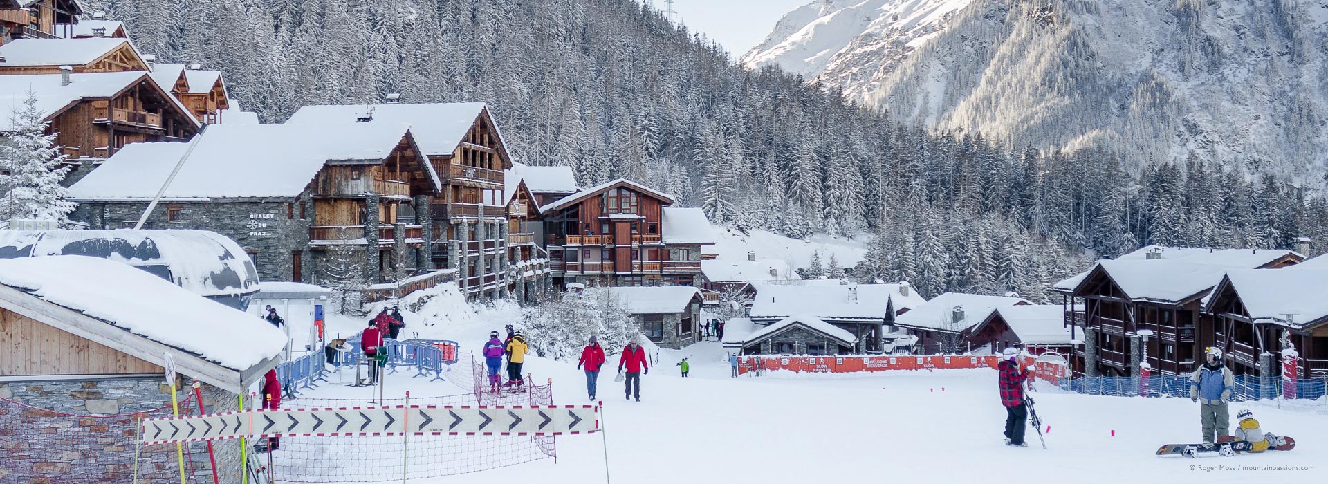 Early morning skiers in Sainte Foy Tarentaise, Savoie, French Alps.