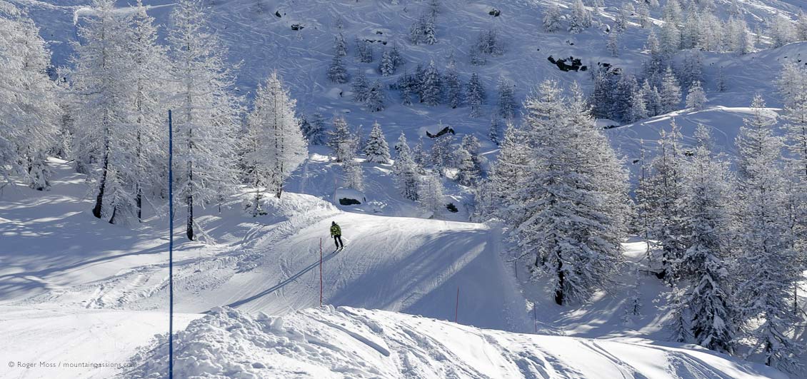 Skier on piste above Sainte-Foy Tarentaise, Savoie, French Alps.