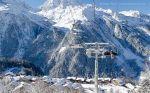 Overview of Sainte-Foy Tarentaise ski village from chairlift, Savoie, French Alps.