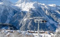 Overview of Sainte-Foy Tarentaise ski village from chairlift, Savoie, French Alps.