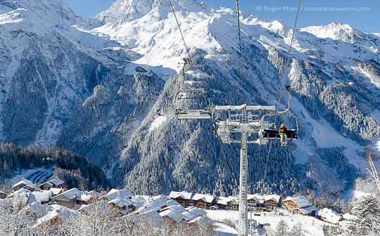 Overview of Sainte-Foy Tarentaise ski village from chairlift, Savoie, French Alps.