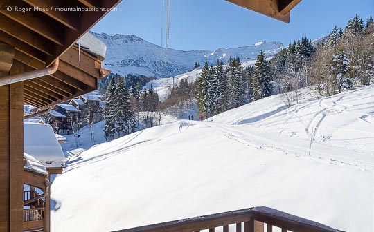 View from balcony of CGH Fée des Neiges ski apartment, Valmorel, Savoie, French Alps.