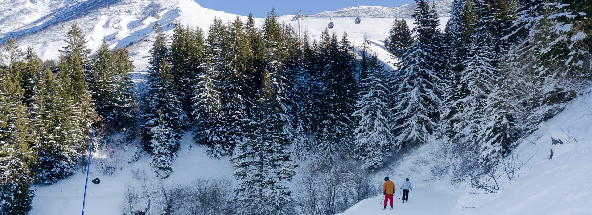 Two skiers on forest trail piste at Valmorel, Savoie, French Alps.