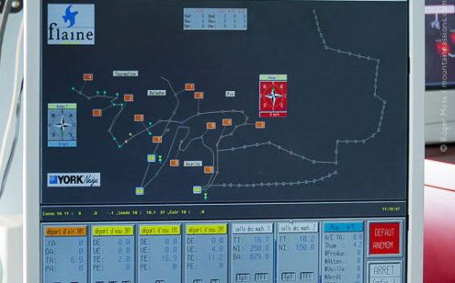 Computer screen monitoring snowmaking system at Flaine, French Alps.