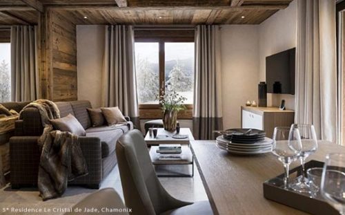 Typical interior of an apartment at the MGM Le Cristal de Jade luxury residence, Chamonix, French Alps