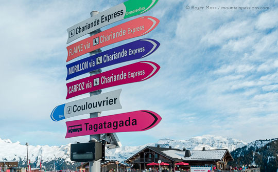 Ski lift signage at Samoens 1600 ski area, French Alps.