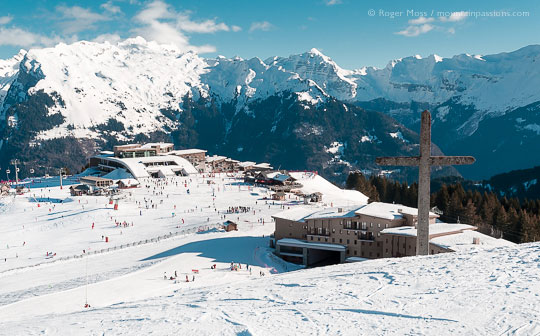 Wide overview of Samoens 1600 ski village, showing Club Med village, French Alps.