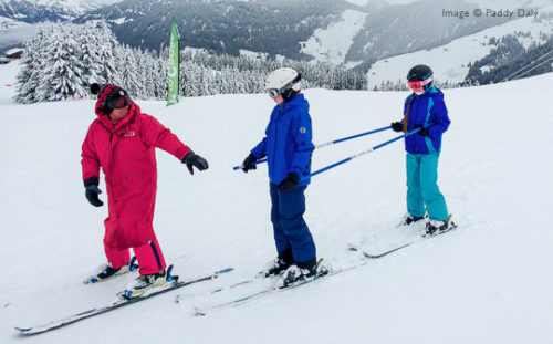 Ski instructor and pupils at Areches-Beaufort, French Alps