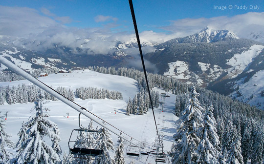 View of ski area from chairlift at Areches-Beaufort, French Alps