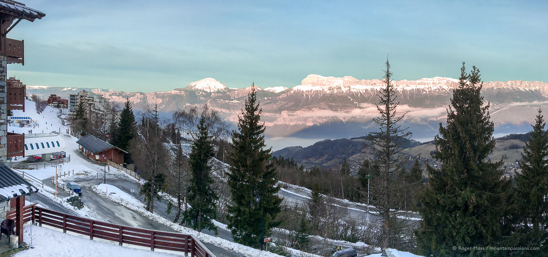 Early morning panoramic view of Prapoutel and mountains from ski apartment