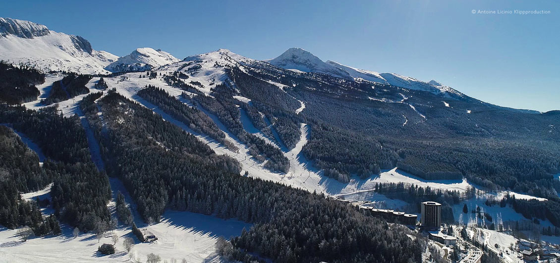 Wide view of ski pistes between snowy forests on mountainside